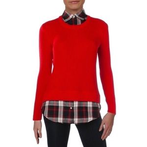 Lauren Ralph Lauren Red Black Plaid Layered Knit Sweater Medium